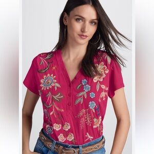 Johnny Was Julianna Button Neck Knit Tee Cerise Small